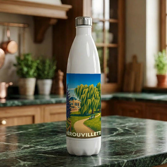 Gourde souvenir de la ville de Hérouvillette avec une illustration stylisée d'un parc.