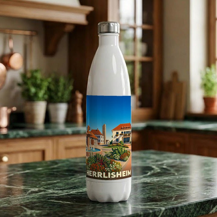 Gourde souvenir de la ville de Herrlisheim ornée d'une illustration colorée et stylisée.
