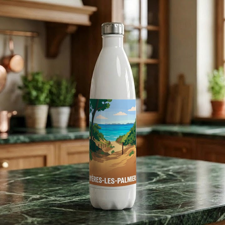 Gourde souvenir de la ville de Hyères-les-Palmiers avec une illustration stylisée de bord de mer.