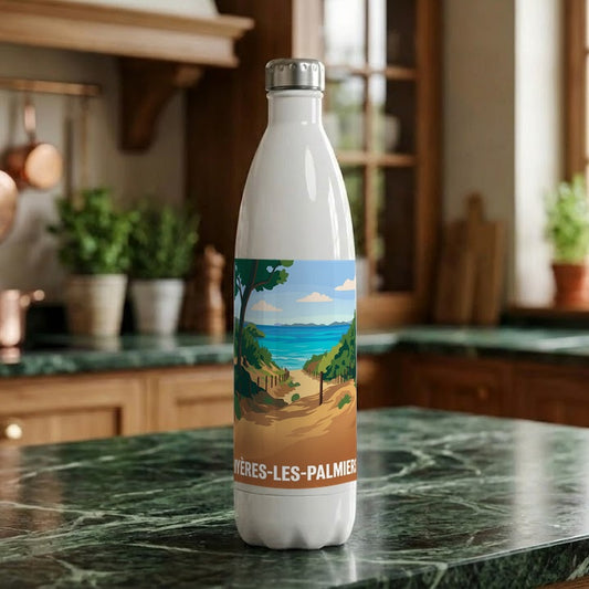 Gourde souvenir de la ville de Hyères-les-Palmiers avec une illustration stylisée de bord de mer.