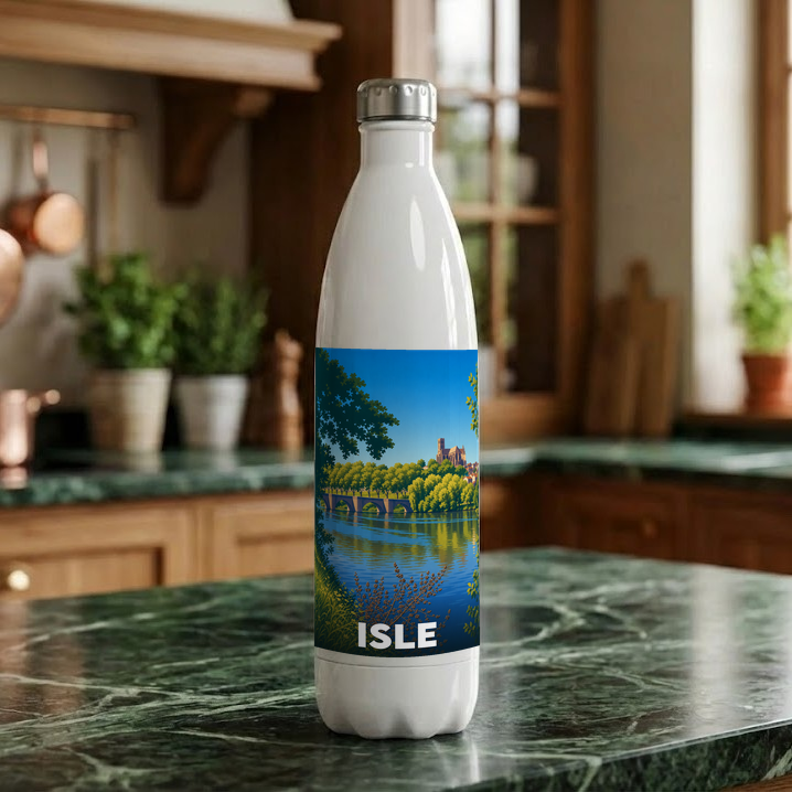 Gourde souvenir de la ville de Isle avec une illustration stylisée d'un paysage fluvial.