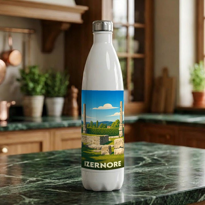 Gourde souvenir de la ville d'Izernore ornée d'une illustration stylisée de ses vestiges romains.
