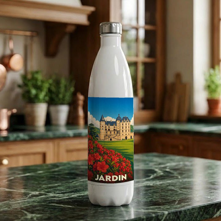 Gourde souvenir de la ville de Jardin avec une illustration stylisée d'un château et de fleurs.