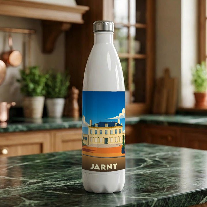 Gourde souvenir de la ville de Jarny avec une illustration stylisée.