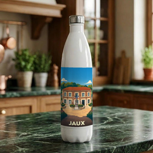 Gourde souvenir de la ville de Jaux avec une illustration stylisée de sa mairie.