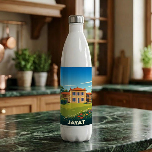 Gourde souvenir de la ville de Jayat avec une illustration stylisée d'une demeure traditionnelle.