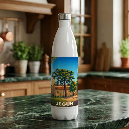 Gourde souvenir de la ville de Jegun avec une illustration stylisée.