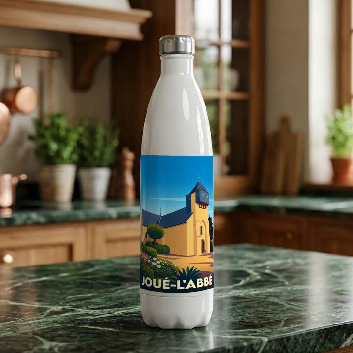 Gourde blanche souvenir de la ville de Joué-l'Abbé avec une illustration stylisée de son église.