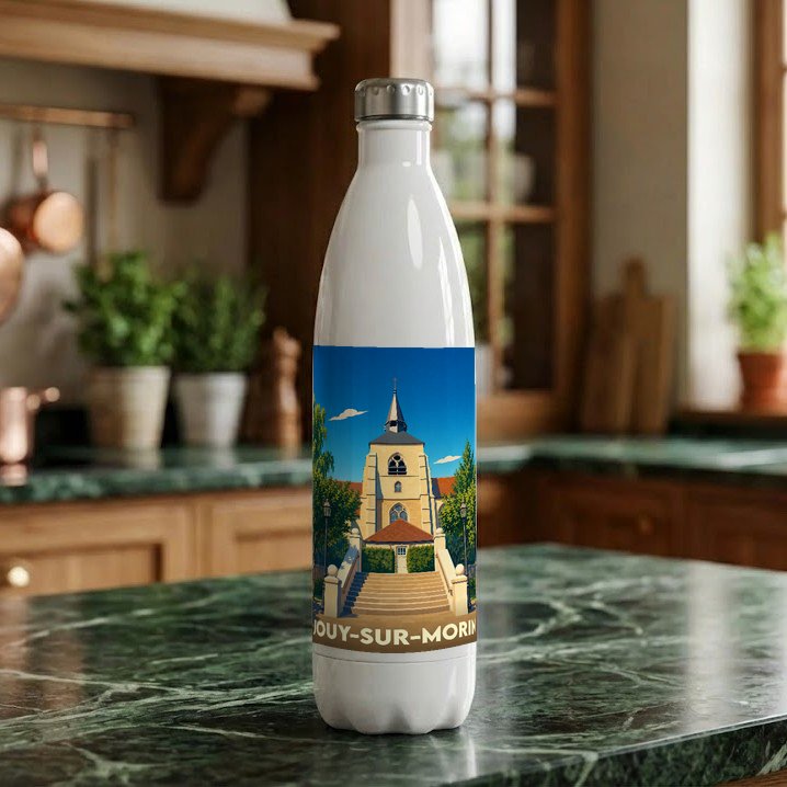 Gourde souvenir de la ville de Jouy-sur-Morin avec une illustration stylisée de son église.
