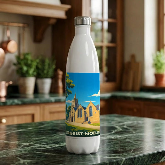 Gourde souvenir de la ville de Kergrist-Moëlou avec une illustration stylisée de son église.