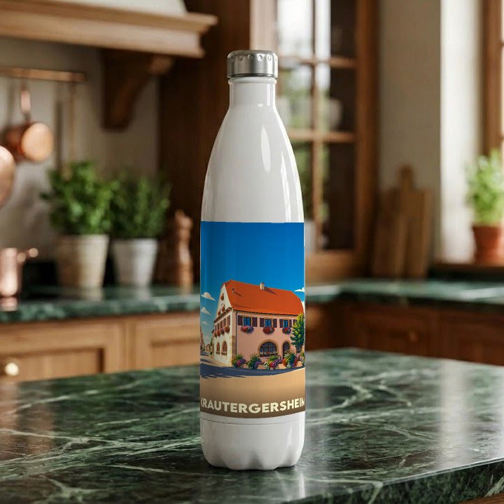 Gourde souvenir de la ville de Krautergersheim avec une illustration stylisée d'une maison traditionnelle.