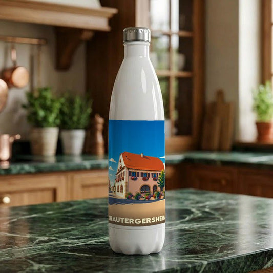 Gourde souvenir de la ville de Krautergersheim avec une illustration stylisée d'une maison traditionnelle.