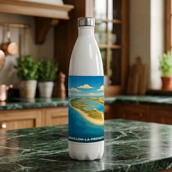 Gourde souvenir de L'Aiguillon-la-Presqu'île ornée d'une illustration stylisée de son littoral sauvage.