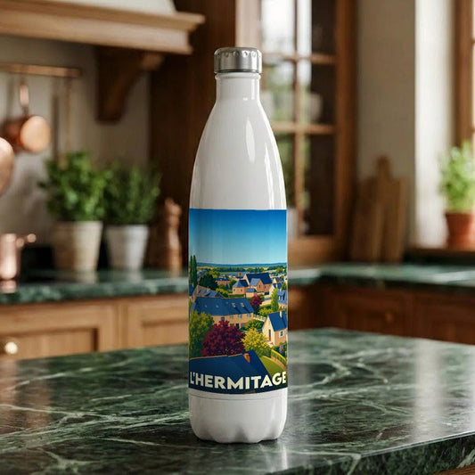 Gourde souvenir de la ville de L'Hermitage avec une illustration stylisée d'un paysage urbain.