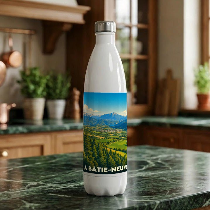 Gourde blanche souvenir de la ville de La Bâtie-Neuve avec une illustration de paysage montagneux.