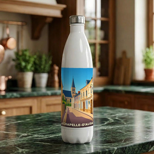 Gourde souvenir de la ville de La Chapelle-d'Aligné avec une illustration stylisée.