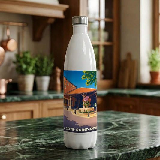 Gourde souvenir de la ville de La Côte-Saint-André avec une illustration stylisée de ses halles.