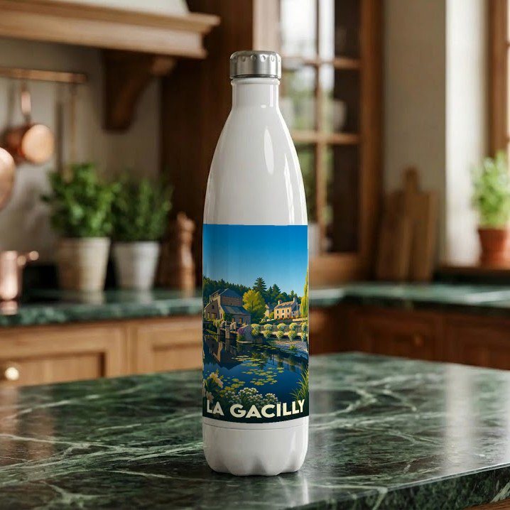 Gourde souvenir de la ville de La Gacilly avec une illustration stylisée de son paysage fluvial.