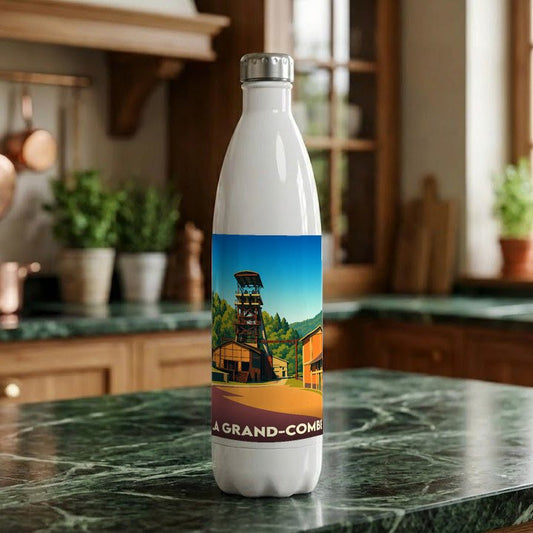 Gourde souvenir de la ville de La Grand-Combe avec une illustration stylisée d'un puits de mine.