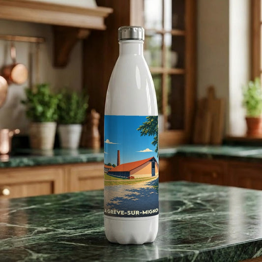 Gourde souvenir de la ville de La Grève-sur-Mignon avec une illustration stylisée.
