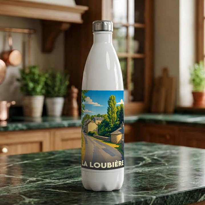 Gourde blanche souvenir de la ville de La Loubière avec une illustration paysagère stylisée.