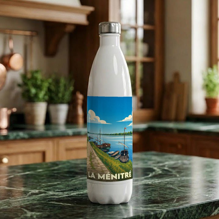 Gourde souvenir de la ville de La Ménitré avec une illustration stylisée de son port.