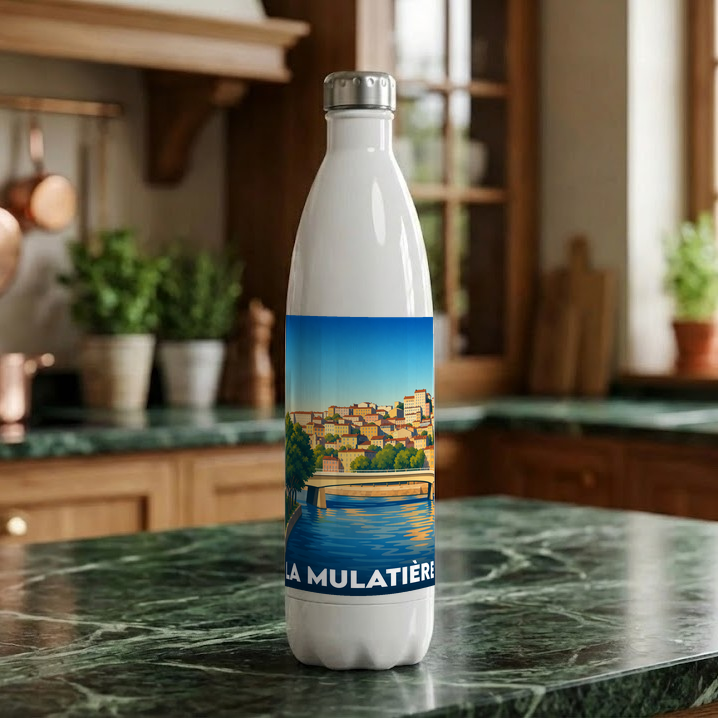 Gourde souvenir de la ville de La Mulatière avec une illustration stylisée d'un paysage urbain au bord de l'eau.