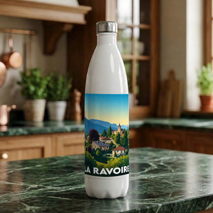 Gourde souvenir de la ville de La Ravoire illustrée par un paysage de montagne stylisé.