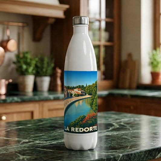 Gourde souvenir de la ville de La Redorte avec une illustration stylisée.