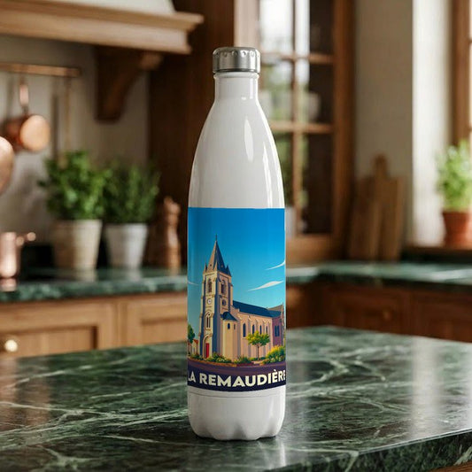 Gourde souvenir de la ville de La Remaudière avec une illustration stylisée d'une église.