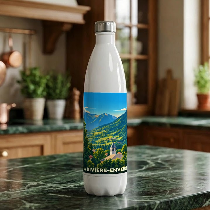 Gourde blanche souvenir de la ville de La Rivière-Enverse ornée d'une illustration de paysage montagnard.
