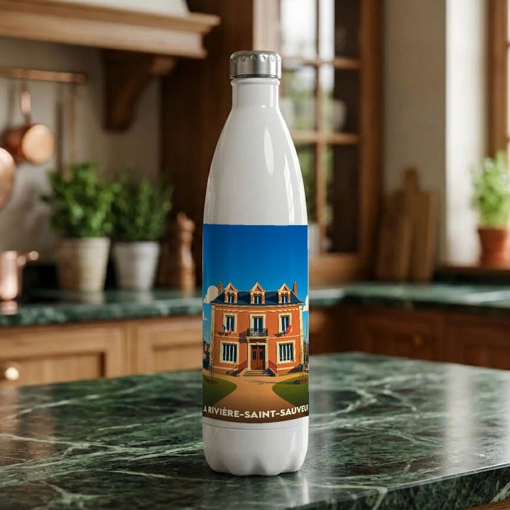 Gourde blanche souvenir de la ville de La Rivière-Saint-Sauveur avec une illustration stylisée de sa mairie.