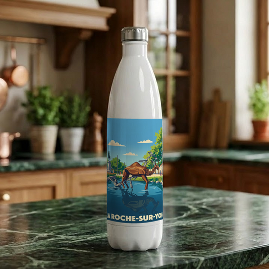 Gourde souvenir de la ville de La Roche-sur-Yon avec une illustration stylisée.