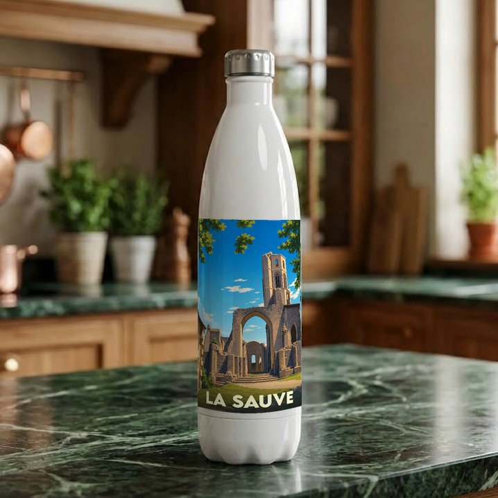 Gourde souvenir de la ville de La Sauve ornée d'une illustration stylisée de son abbaye.