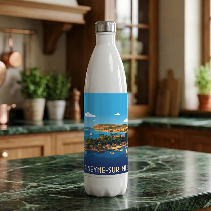 Gourde souvenir de la ville de La Seyne-sur-Mer avec une illustration stylisée de son paysage côtier.