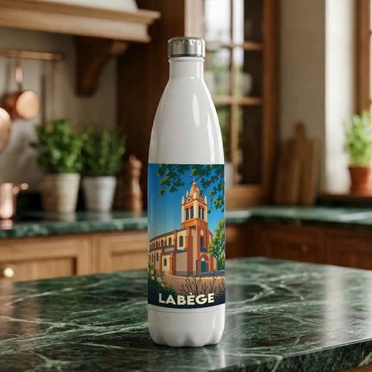 Gourde souvenir de la ville de Labège avec une illustration stylisée d'une église.