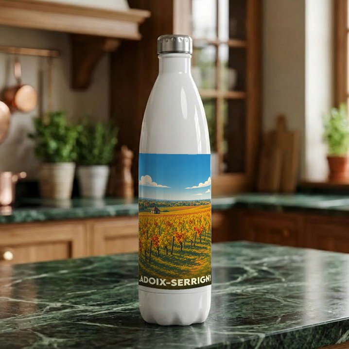 Gourde souvenir de la ville de Ladoix-Serrigny avec une illustration stylisée d'un vignoble.