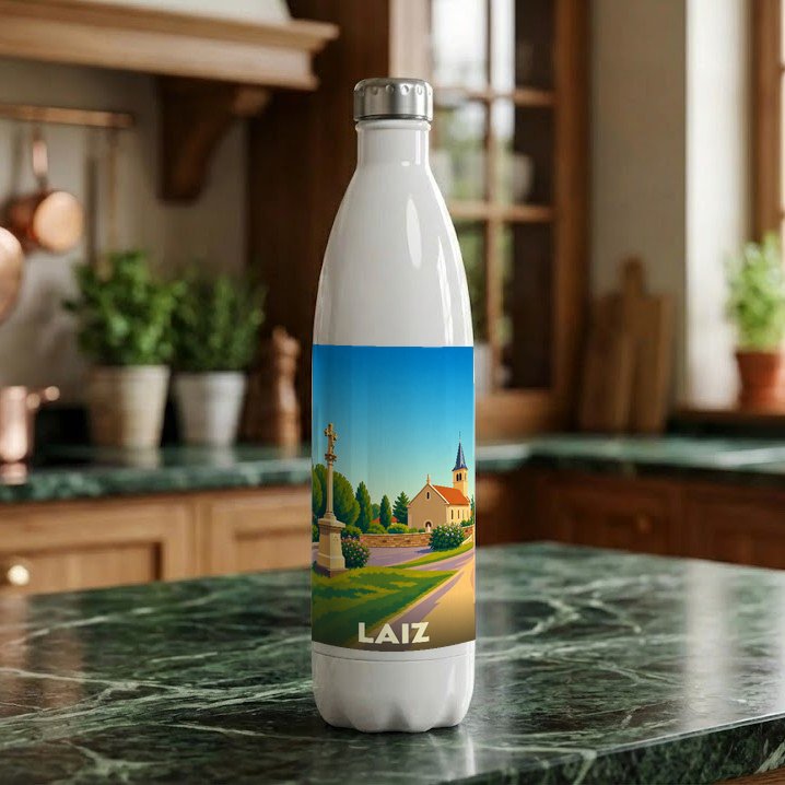 Gourde souvenir de la ville de Laiz avec une illustration stylisée d'un paysage local.