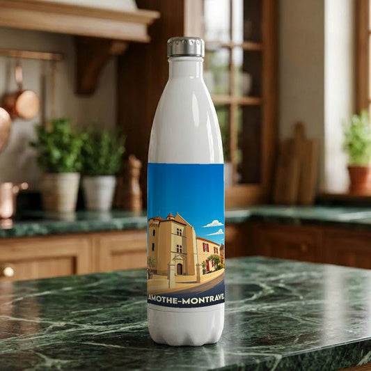 Gourde souvenir de la ville de Lamothe-Montravel avec une illustration stylisée.