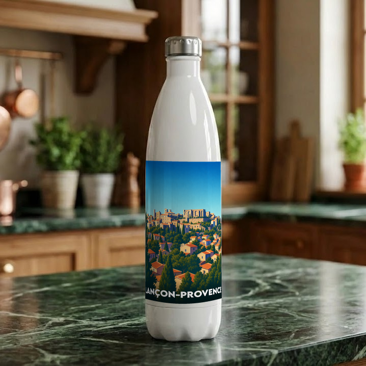 Gourde souvenir de la ville de Lançon-Provence ornée d'une illustration stylisée de son paysage provençal.