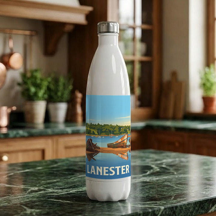 Gourde souvenir de la ville de Lanester avec une illustration stylisée.