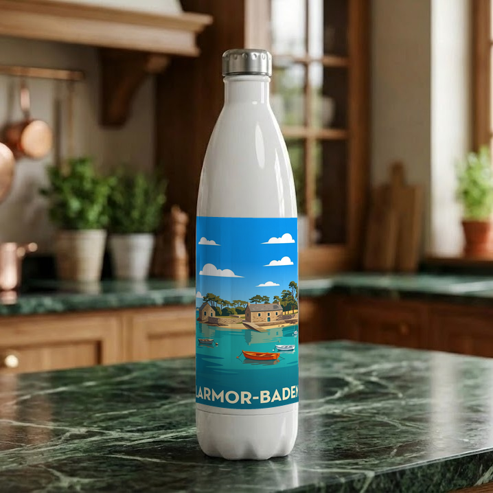 Gourde souvenir de la ville de Larmor-Baden avec une illustration côtière stylisée.