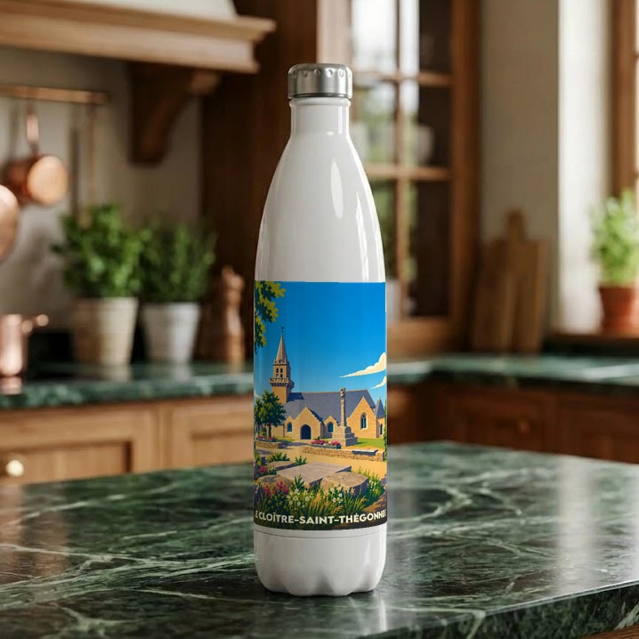 Gourde blanche souvenir de Le Cloître-Saint-Thégonnec avec une illustration stylisée de son église.