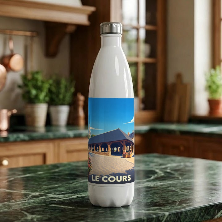 Gourde souvenir de la ville de Le Cours avec une illustration stylisée.