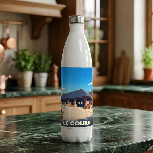 Gourde souvenir de la ville de Le Cours avec une illustration stylisée.