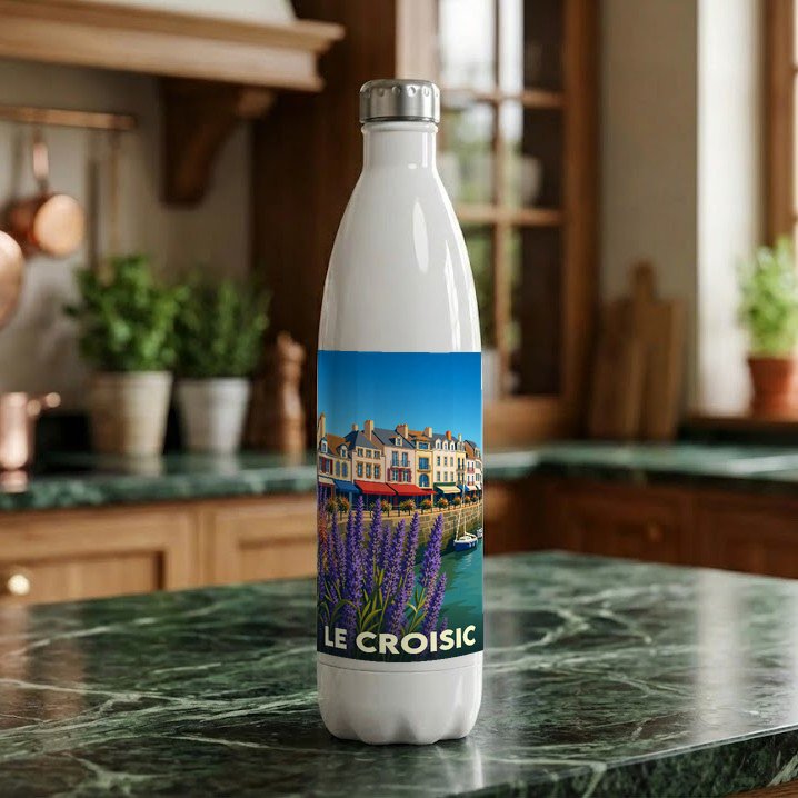Gourde souvenir de la ville de Le Croisic ornée d'une illustration stylisée de son port et de fleurs.