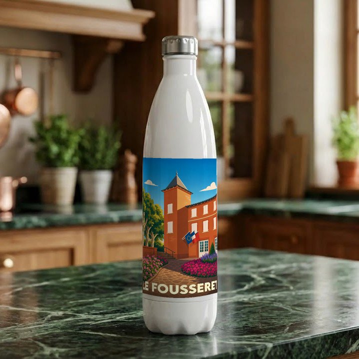 Gourde blanche souvenir de la ville de Le Fousseret illustrée d'un bâtiment historique coloré.