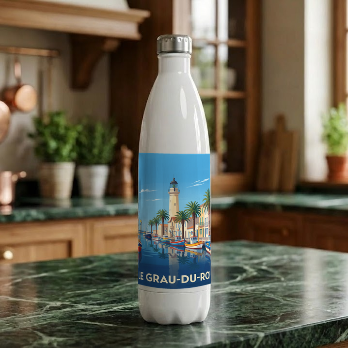 Gourde souvenir de la ville de Le Grau-du-Roi avec une illustration stylisée.