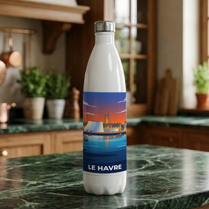 Gourde souvenir de la ville du Havre avec une illustration stylisée.