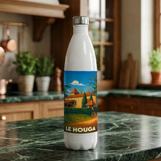 Gourde souvenir de la ville de Le Houga avec une illustration stylisée d'un paysage local.